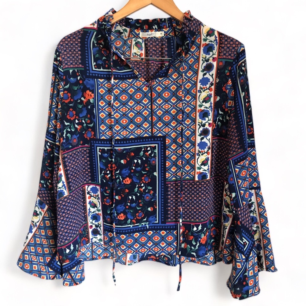 Anthropologie Hazel Multicolor Patchwork Long Bell Sleeve Ruffle Blouse Size M